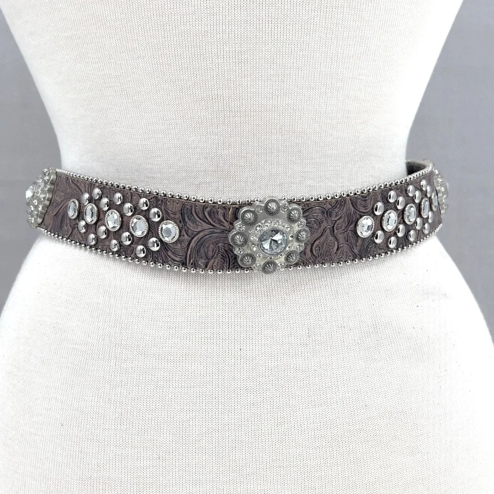 Women's Western Belt Brown Floral Embossed Rhinestone Studded Silver Bling Y2K L